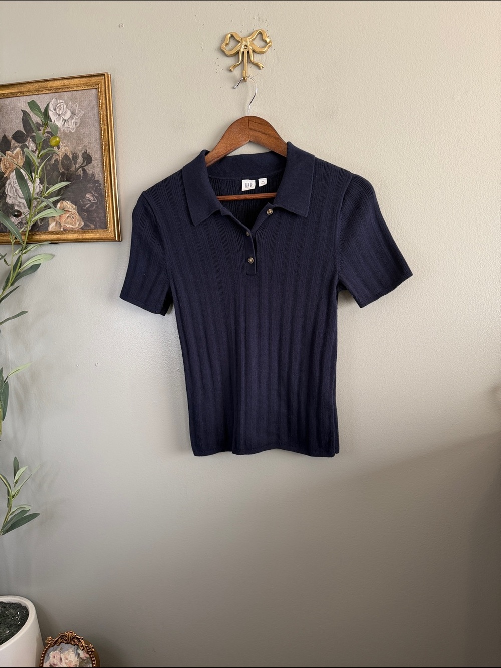 Gap Navy Ribbed Knit Polo Top Medium 100% Cotton Preppy Classic - Picture 2 of 8